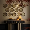 Elegant Golden Circular Plates Wall Decor with Console Table and Table Lamp 3d model