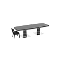 Modern Luxury Dining Table Set With Oval Metal Base And Brown Leather Chairs
