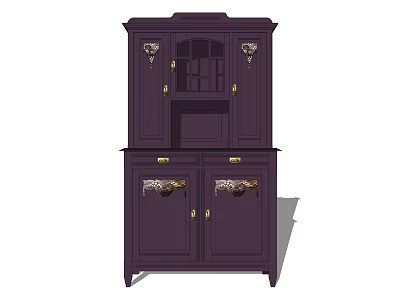 Deep Purple Storage Cabinet with Upper Glass Door and Lower Cabinet Doors and Decorative Carvings 3d model