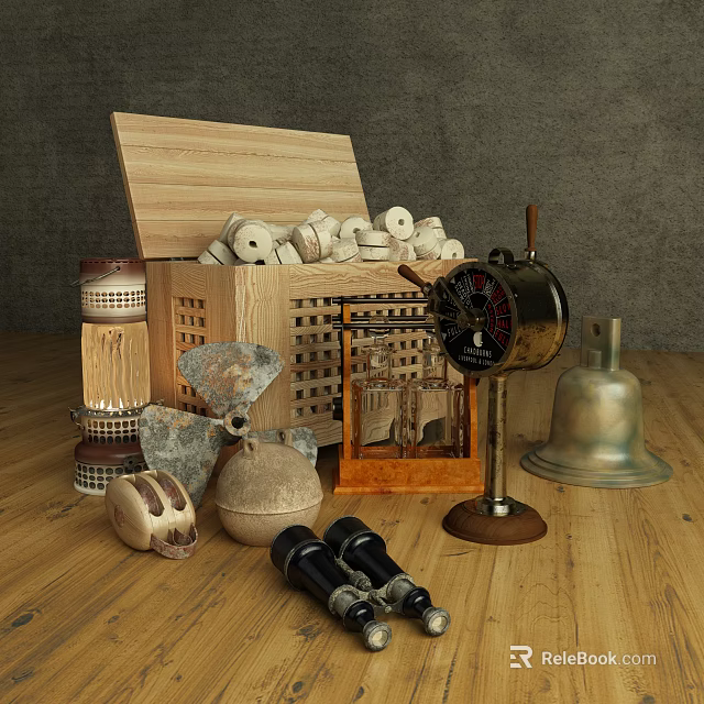 Vintage Decorative Ornament Set With Wooden Box Scrolls Brass Bell And Binoculars 3d model 
