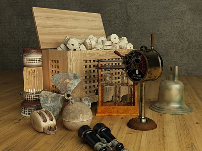 Vintage Decorative Ornament Set With Wooden Box Scrolls Brass Bell And Binoculars 3d model
