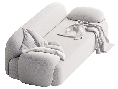White Modern Sofa with Soft Fabric Upholstery Plush Pillows and Cozy Blanket for Living Room 3d model