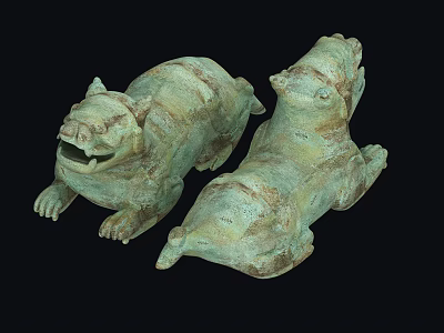 Ancient Bronze Mythical Beasts Pair With Greenish Blue Textured Surface 3d model