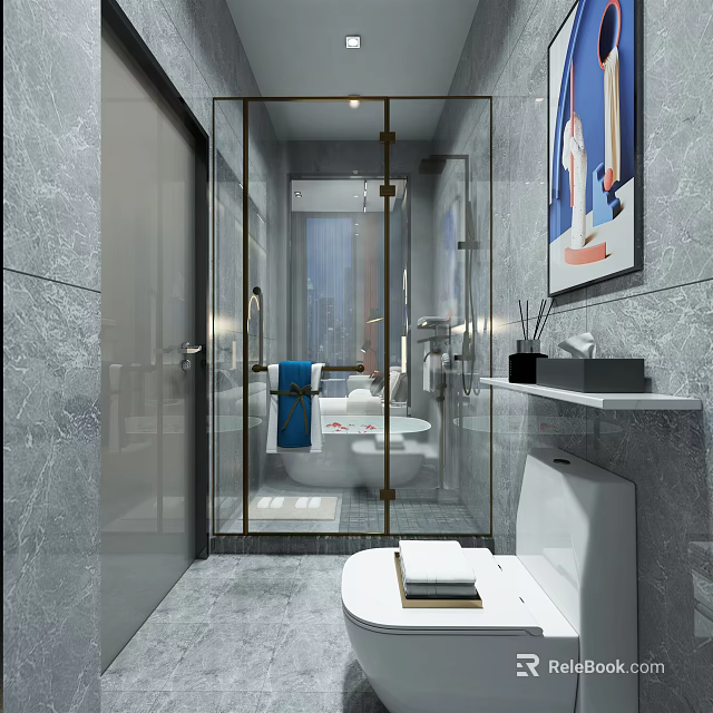 Hotel Bathroom Interior Design With Glass Shower Marble Walls And Toilet 3d model 