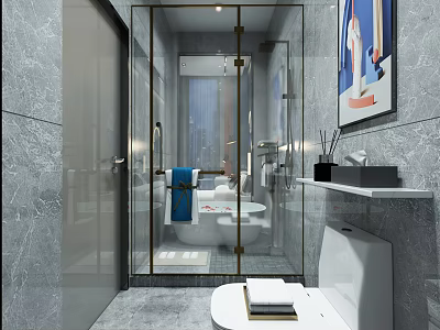 Hotel Bathroom Interior Design With Glass Shower Marble Walls And Toilet 3d model