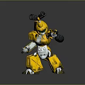Yellow Robot Character With Green Eyes And Mechanical Arms Holding Weapons