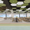 Modern Interior Space Featuring Tree Structure Hexagonal Ceiling Lights Open Layout Counter Tables Chairs 3d model