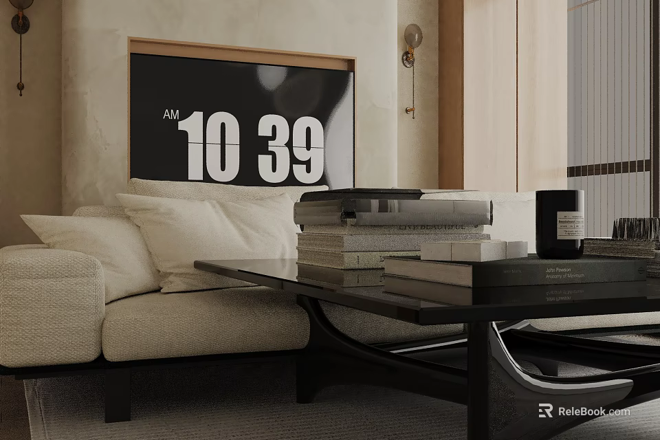 Beige Three Seater Sofa With White Cushions Black Coffee Table Stacked Books And Wall Clock 3d model 