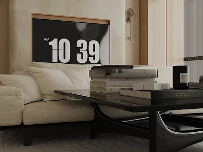 Beige Three Seater Sofa With White Cushions Black Coffee Table Stacked Books And Wall Clock 3d model