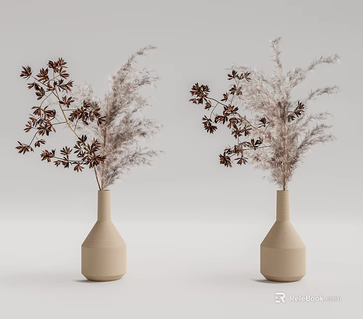 Decorative Beige Vases Holding Brown and White Feathery Dried Flowers on Gray Background 3d model 