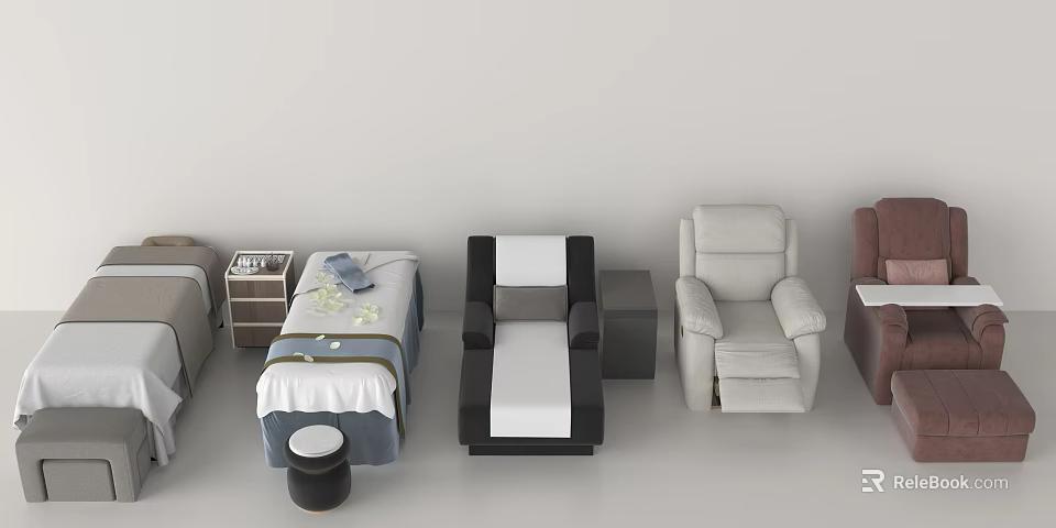 Modern Comfortable Massage Bed Design With Side Table And Stool In Spa Room 3d model 