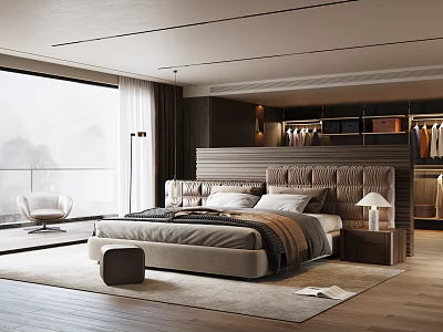 Modern Bedroom Interior With Upholstered Headboard Floor To Ceiling Window And Walk In Closet 3d model