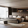 Modern Bedroom Interior With Upholstered Headboard Floor To Ceiling Window And Walk In Closet