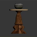 Rustic Wooden Pedestal Side Table With Gray Pottery Jar And Carved Base