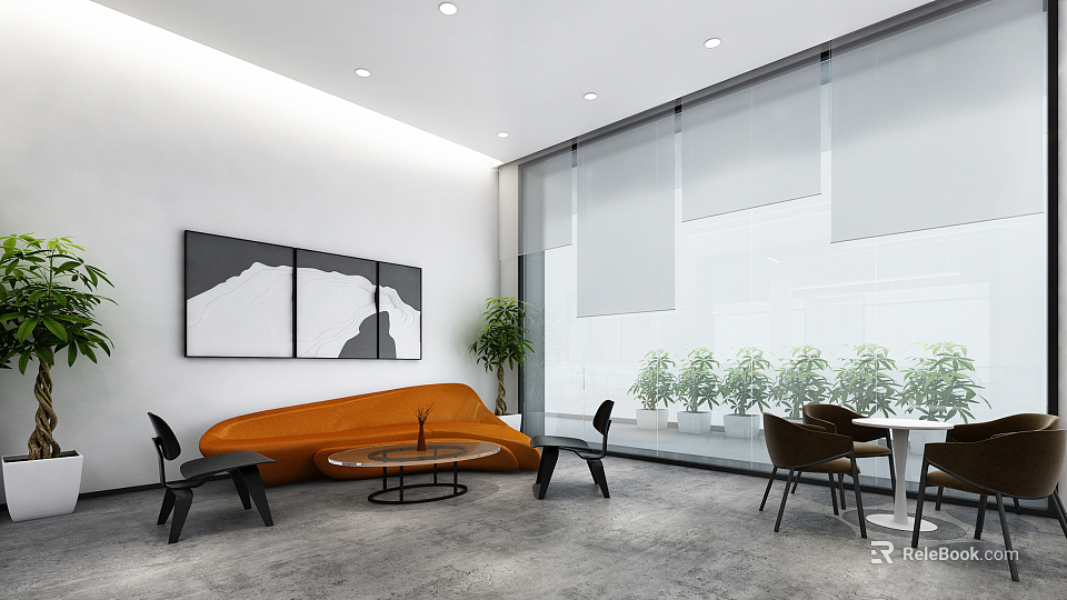 Modern Lounge Area With Orange Curved Sofa Green Plants Large Windows And Decorative Paintings 3d model 