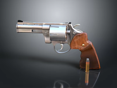 Close Up Of Classic Revolver With Silver Metal Body Wooden Grip And Bullet 3d model