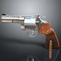 Close Up Of Classic Revolver With Silver Metal Body Wooden Grip And Bullet
