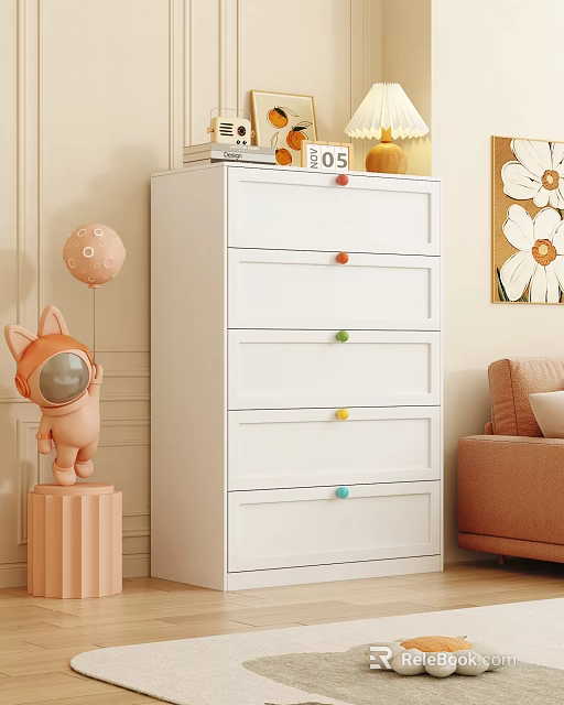 White Chest of Drawers with Colorful Knobs and Cartoon Astronaut in Living Room Decor 3d model 