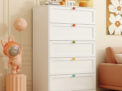 White Chest of Drawers with Colorful Knobs and Cartoon Astronaut in Living Room Decor 3d model