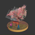 Traditional Japanese Torii Gate With Pink Cherry Blossom Green Grass And Lanterns
