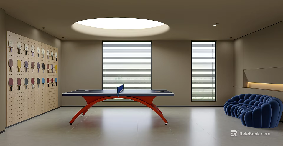 Modern Recreation Room Interior With Red Legs Ping Pong Table Blue Sofa And Window Blinds 3d model 