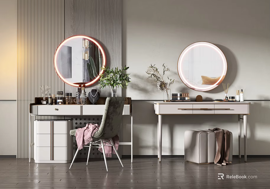 Modern Dressing Table With Round Lighted Mirror Drawers Stool And Green Plant Decor 3d model 
