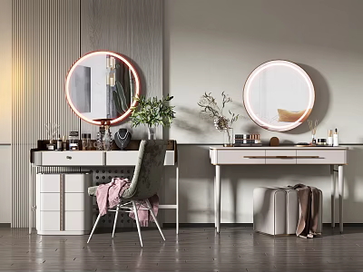 Modern Dressing Table With Round Lighted Mirror Drawers Stool And Green Plant Decor 3d model