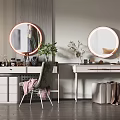 Modern Dressing Table With Round Lighted Mirror Drawers Stool And Green Plant Decor