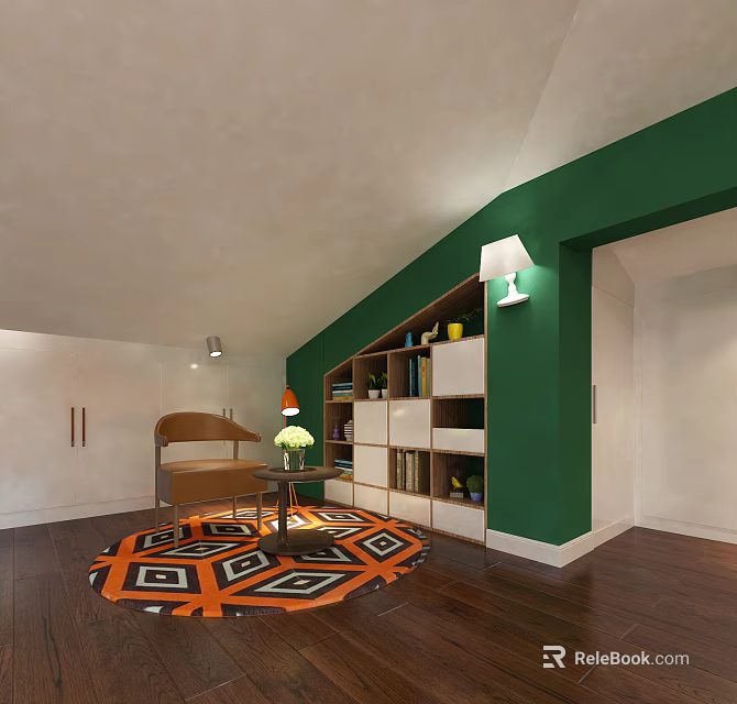 Cozy Reading Nook With Green Wall White Wooden Bookshelf Chair And Geometric Rug 3d model 