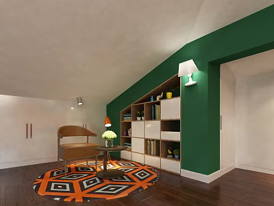 Cozy Reading Nook With Green Wall White Wooden Bookshelf Chair And Geometric Rug 3d model