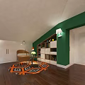 Cozy Reading Nook With Green Wall White Wooden Bookshelf Chair And Geometric Rug