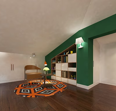 Cozy Reading Nook With Green Wall White Wooden Bookshelf Chair And Geometric Rug 3d model