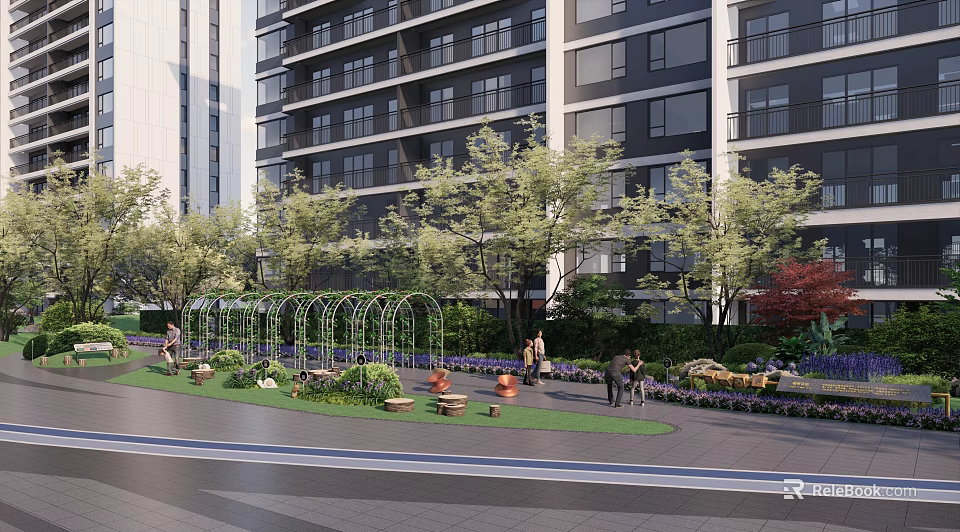 Residential Landscape with High Rise Building Green Lawn Arched Pergola Trees Flowers and People Walking 3d model 