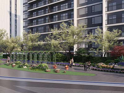 Residential Landscape with High Rise Building Green Lawn Arched Pergola Trees Flowers and People Walking 3d model