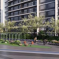 Residential Landscape with High Rise Building Green Lawn Arched Pergola Trees Flowers and People Walking