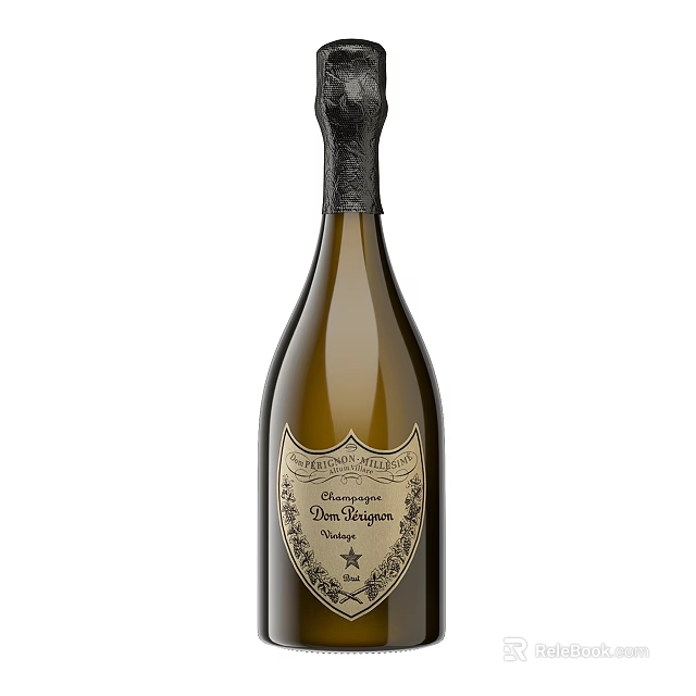 Vintage Dom Perignon Champagne Wine Bottle And Glass With Elegant Label 3d model 