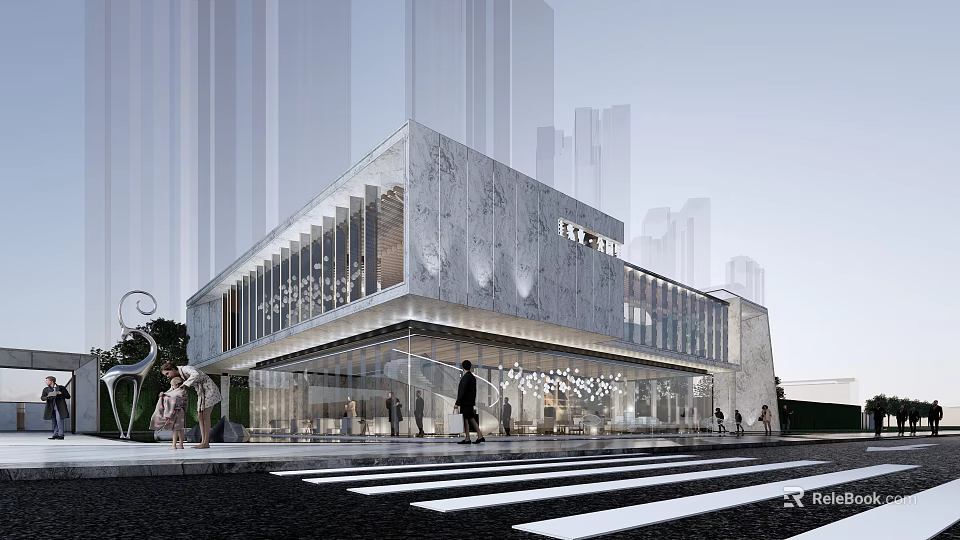Modern Sales Office Building With Glass Curtain Wall Stone Facade And Urban Pedestrians 3d model 