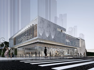 Modern Sales Office Building With Glass Curtain Wall Stone Facade And Urban Pedestrians 3d model