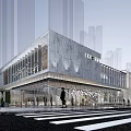 Modern Sales Office Building With Glass Curtain Wall Stone Facade And Urban Pedestrians