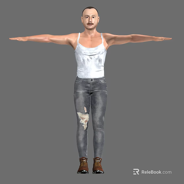 Man in White Tank Top and Distressed Jeans with Arms Outstretched Against Gray Background 3d model 