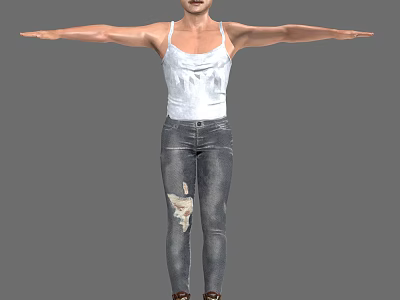 Man in White Tank Top and Distressed Jeans with Arms Outstretched Against Gray Background 3d model