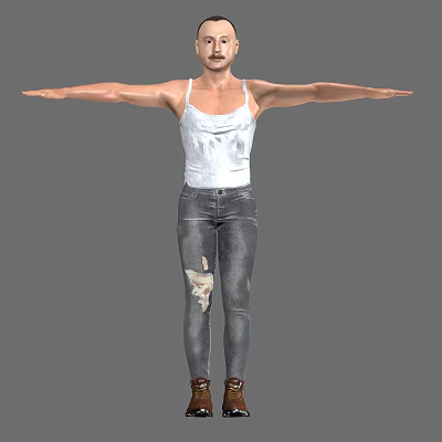Man in White Tank Top and Distressed Jeans with Arms Outstretched Against Gray Background 3d model
