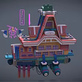 Vibrant Cartoon Scenery Featuring Floating Building With Colorful Design Neon Signs And Pipes