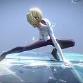 Blonde Female Character Crouching On Transparent Platform With Blue Fragments And Ice Crystals