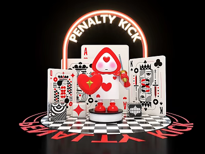 PENALTY KICK Themed Photo Spot With Neon Sign Heart Character Playing Cards And Checkered Floor 3d model