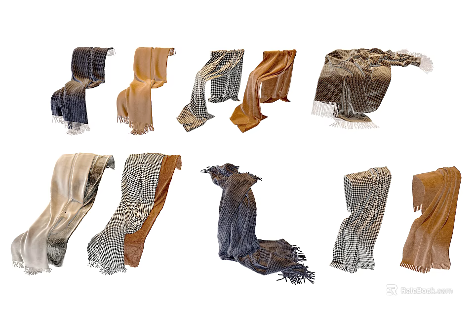 Assorted Stylish Scarves In Different Colors And Patterns For Winter Wear 3d model 