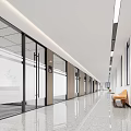 Modern Office Corridor With Glass Partitions White Walls Wooden Doors Orange Sofa And Sleek Floor