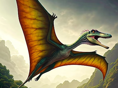 Pterosaur Themed Ornament Decor Set Flying In Mountainous Landscape With Clouds 3d model