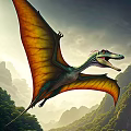 Pterosaur Themed Ornament Decor Set Flying In Mountainous Landscape With Clouds