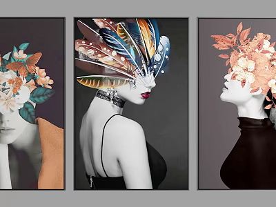 Three Decorative Wall Art Paintings With Female Heads Adorned By Floral Feather And Leaf Decor 3d model